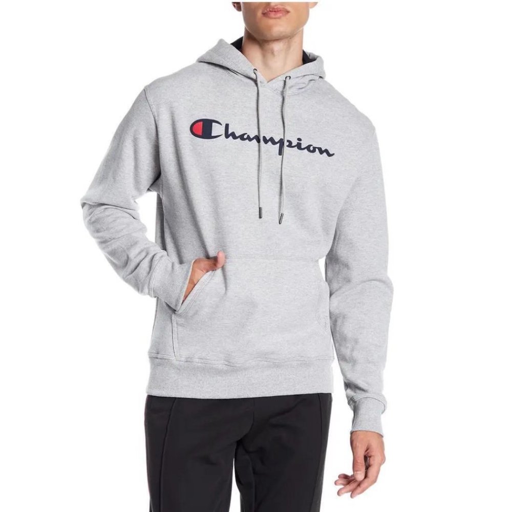 Like New Men's Champion Heathered Gray Classic Script Logo Cotton Hoodie.